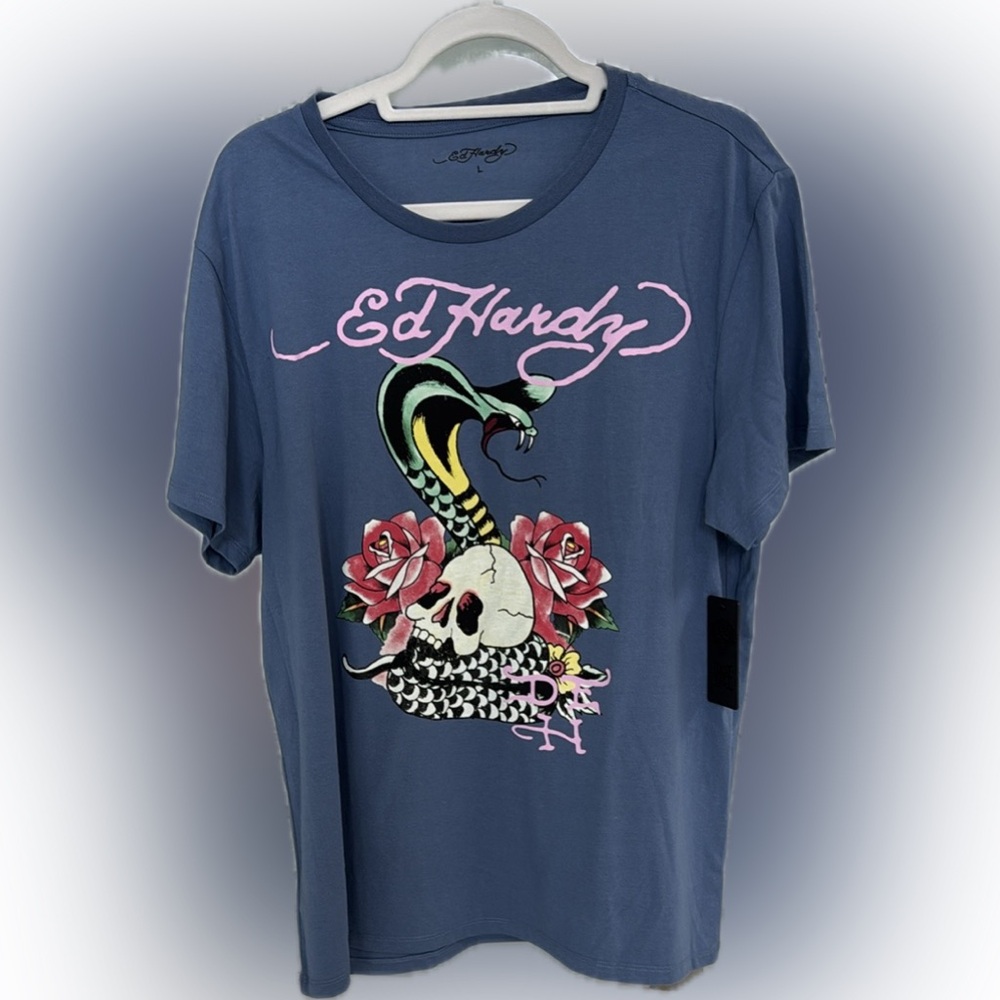 NWT Ed Hardy Blue Graphic Tee with Snake and Roses mens sz L T-shirt